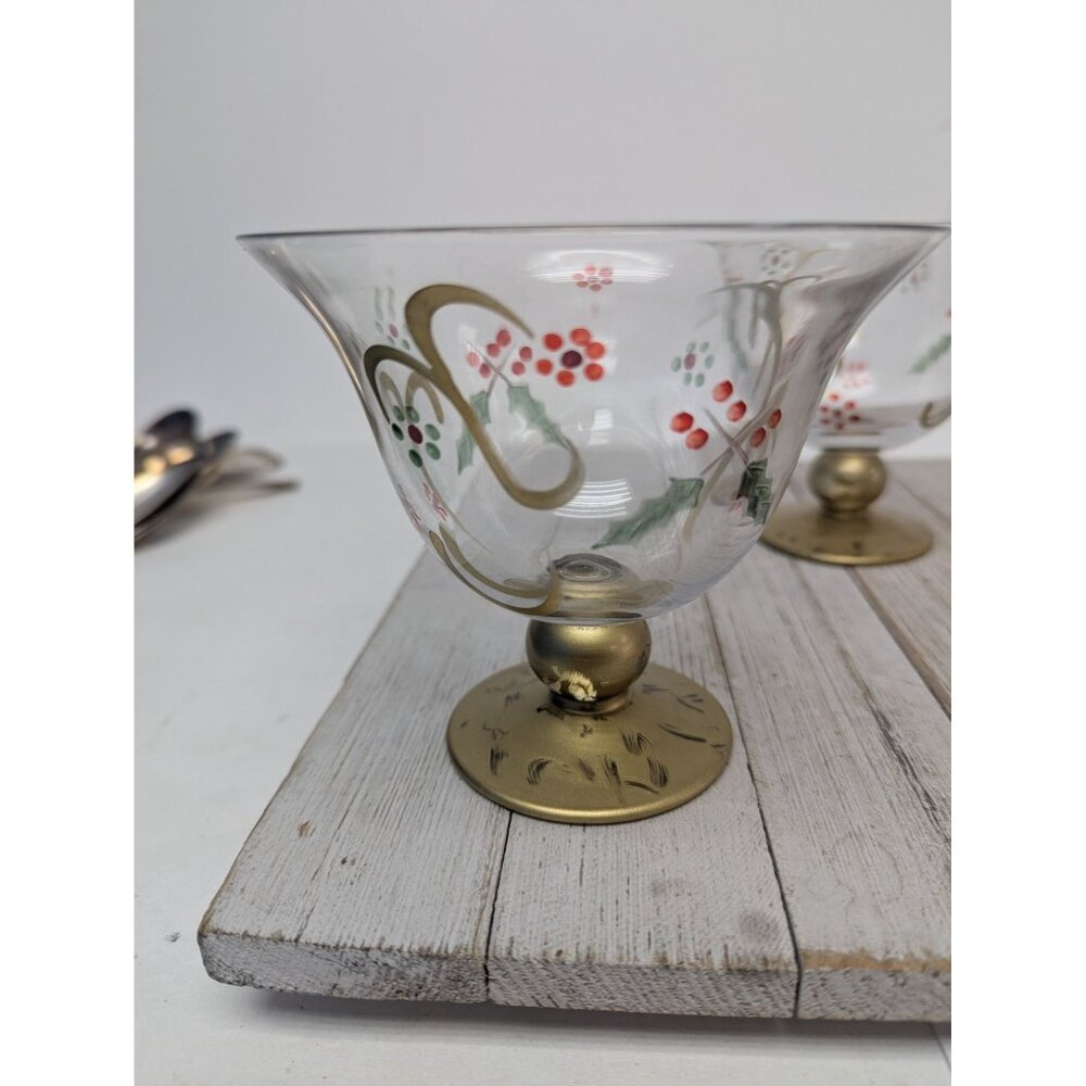 Pfaltzgraff Holiday Gold Hand Painted Glass Pedestal Dessert Bowls Set 4 Box - Picture 5 of 7